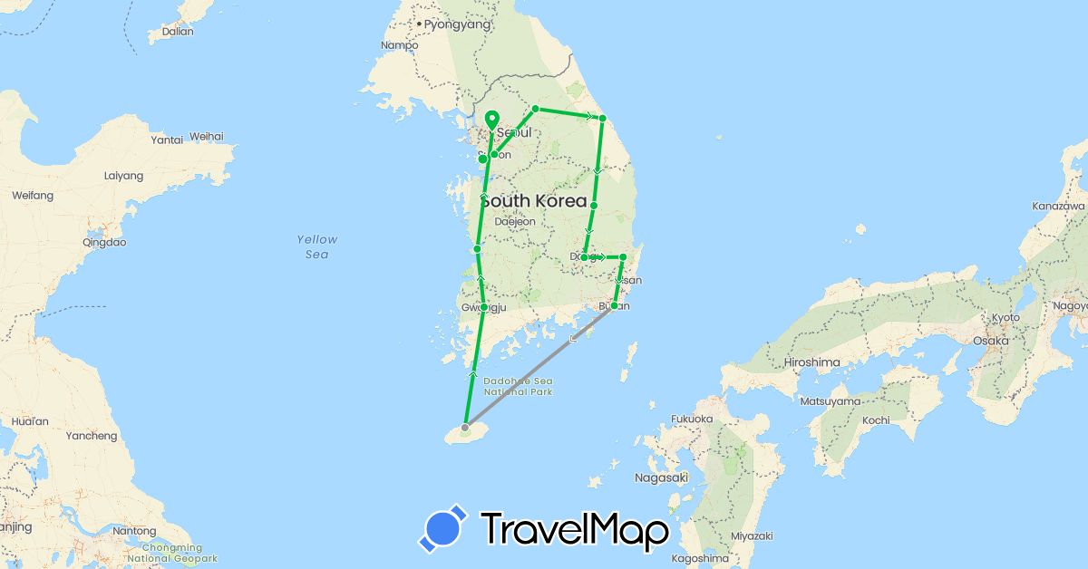 TravelMap itinerary: bus, plane in South Korea (Asia)